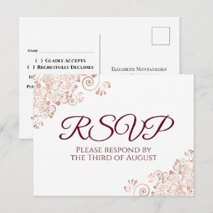 Burgundy & Rose Gold Lace White Wedding RSVP Postcard