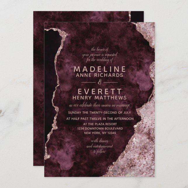 Burgundy & Rose Gold Marbled Agate Wedding Invitation (Front/Back)