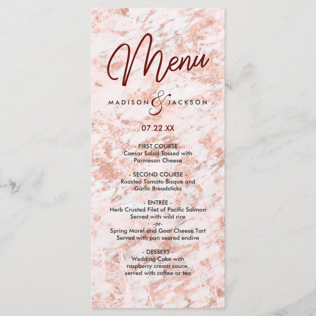 Burgundy & Rose Gold Marbled Modern Wedding Menu (Front)