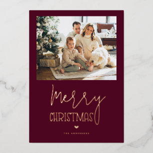 Burgundy Rose Gold Merry Christmas Photo Foil Holiday Card