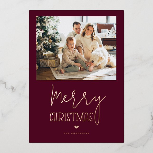 Burgundy Rose Gold Merry Christmas Photo Foil Holiday Card (Front)
