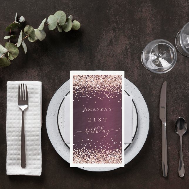 Burgundy rose gold name script birthday napkin (Creator Uploaded)