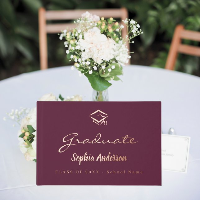 Burgundy rose gold name script cap Graduation Guest Book (Creator Uploaded)