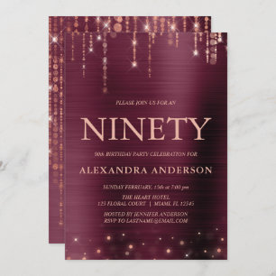 Burgundy Rose Gold Ninety 90th Birthday Party Invitation