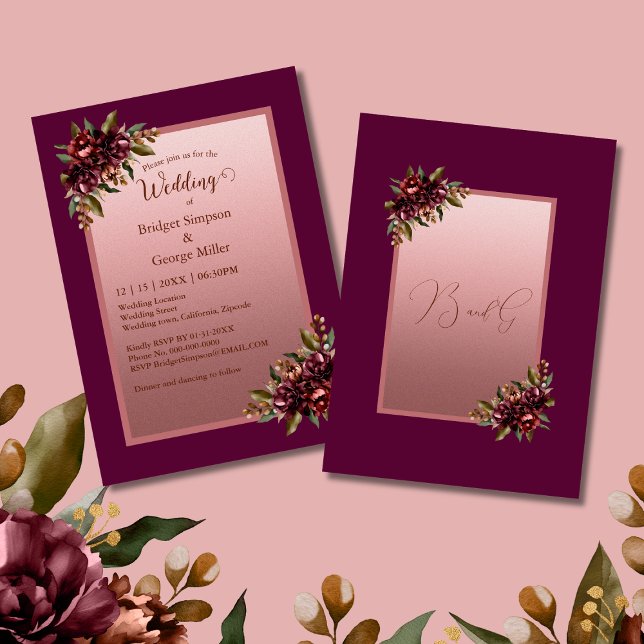 Burgundy Rose Gold Script Floral Wedding Invitation (Creator Uploaded)