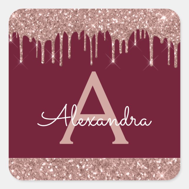 Burgundy Rose Gold Sparkle Glitter Monogram Square Sticker (Front)