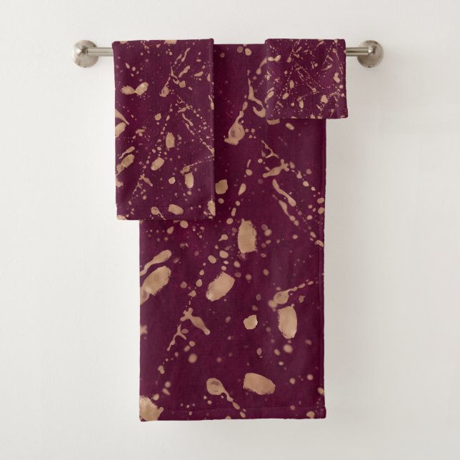 Burgundy & Rose Gold Splatter Modern Abstract Art Bath Towel Set (Insitu)