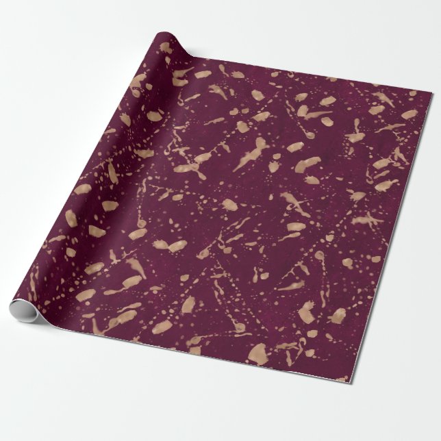 Burgundy Rose Gold Splatter Modern Abstract Party Wrapping Paper (Unrolled)