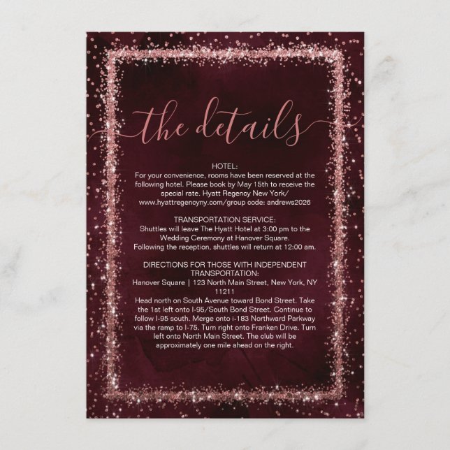 Burgundy Rose Gold Sprinkled Confetti Details Enclosure Card (Front)