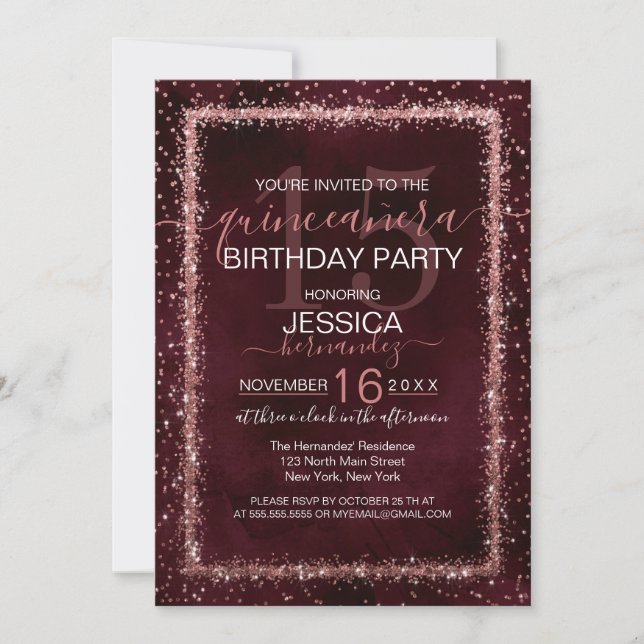 Burgundy Rose Gold Sprinkled Confetti Quinceañera Invitation (Front)