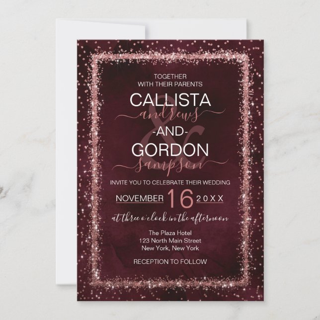 Burgundy Rose Gold Sprinkled Confetti Wedding Invitation (Front)