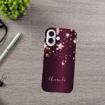 Burgundy rose gold stars name iPhone 16 case<br><div class="desc">An elegant,  girly and glam phone case. Rose gold stars.  Deep,  dark purple gradient background. Insert your name,  written with a modern hand lettered style script. Pink coloured letters.</div>