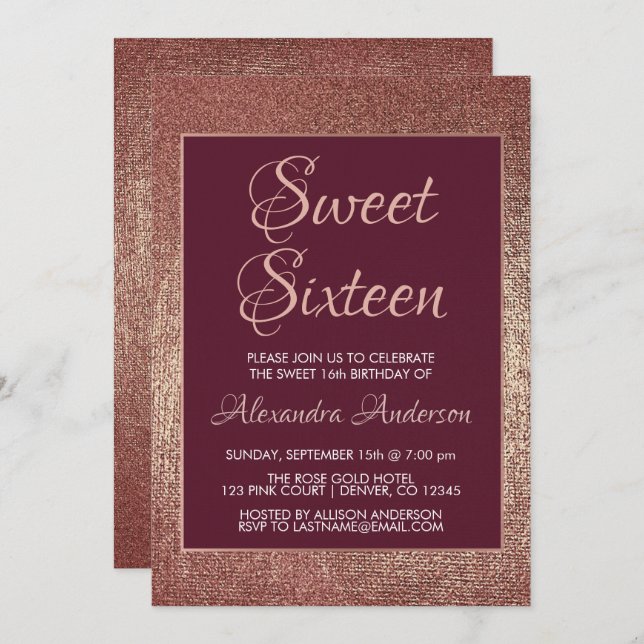 Burgundy Rose Gold Sweet Sixteen Birthday Invitation (Front/Back)
