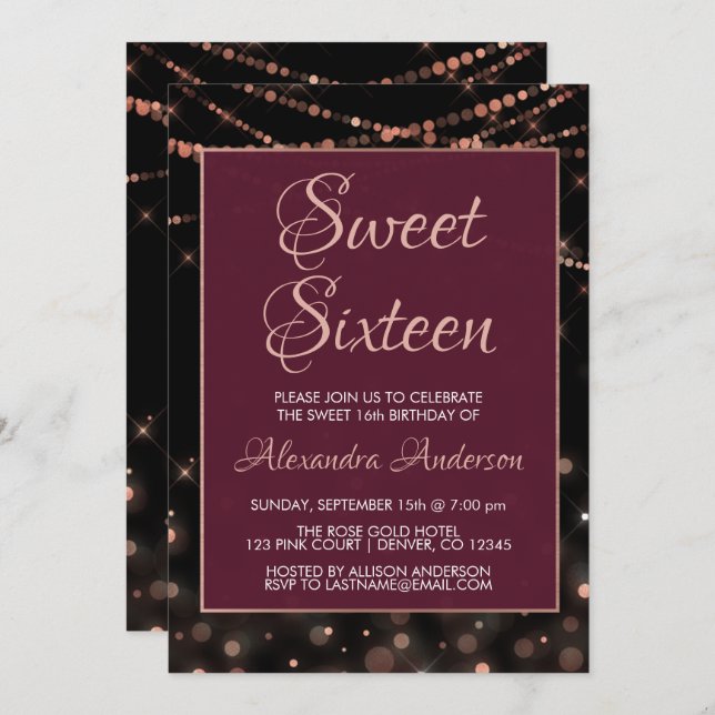 Burgundy Rose Gold Sweet Sixteen Birthday Invitation (Front/Back)