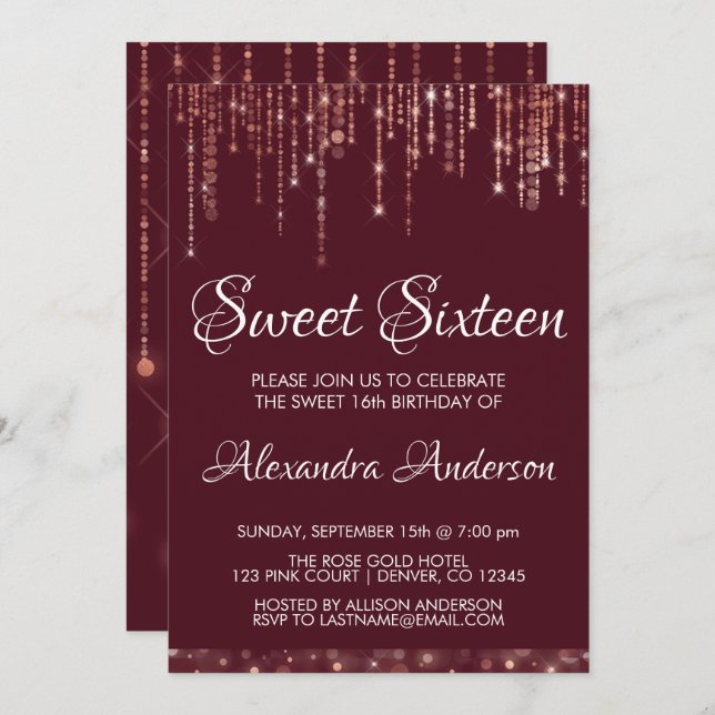 Burgundy Rose Gold Sweet Sixteen Birthday Invitation (Front/Back)