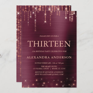 Burgundy Rose Gold Thirteen 13th Birthday Party Invitation