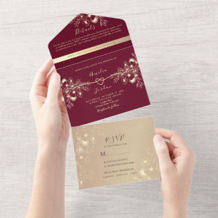 Burgundy Rose Gold Wedding All In One Invitation