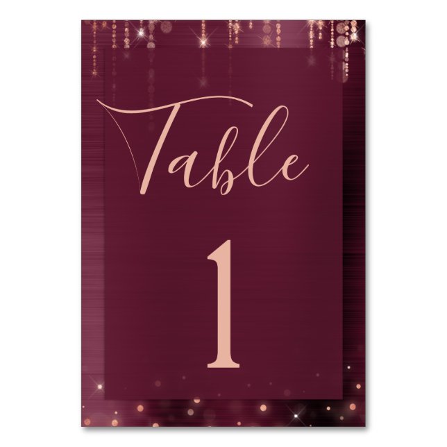 Burgundy Rose Gold Wedding Metallic Table Number (Front)