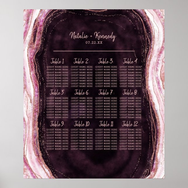 Burgundy & Rose Gold Wedding Table Seating Chart (Front)