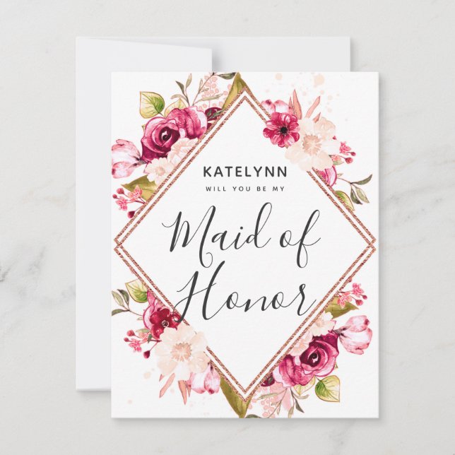 Burgundy Rose Gold Will You Be My Maid of Honour Invitation (Front)