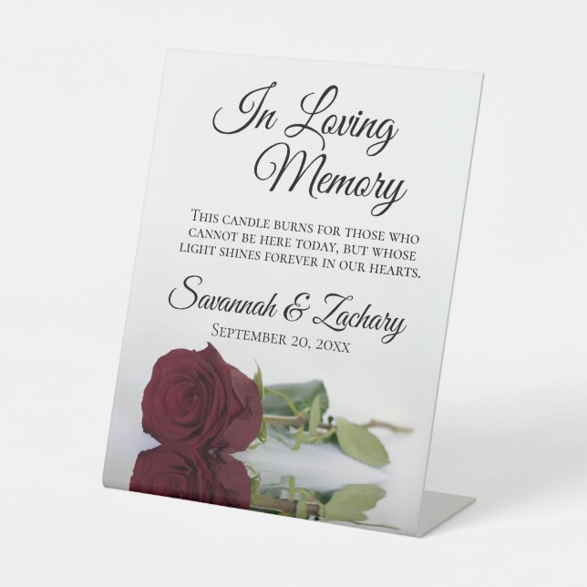 Burgundy Rose In Loving Memory Wedding Memorial Pedestal Sign (Front)