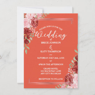 Burgundy & Rose on Coral Pink Floral Wedding Invitation
