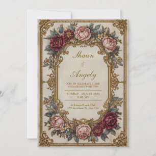 Burgundy Rose Ornate Gold Baroque Frame Wedding Invitation