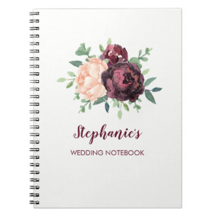 Burgundy Rose Peach Peony Personalised Wedding Notebook