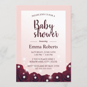 Burgundy Rose Pearl Floral Blush Pink Baby Shower Invitation
