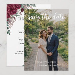 Burgundy Rose Photo Save the Date Card White