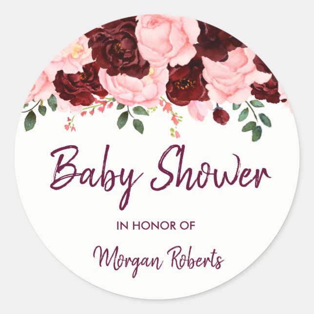 Burgundy Rose & Pink Blush floral Baby Shower Classic Round Sticker (Front)
