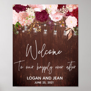 Burgundy Rose Pink Floral Mason Jar Welcome Sign