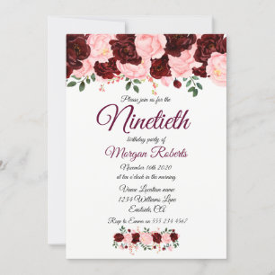 Burgundy Rose Pink Floral Ninetieth 90th Birthday Invitation