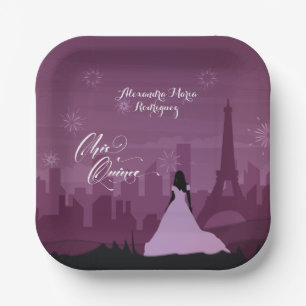 Burgundy Rose Pink Paris Fireworks Quinceañera Paper Plate