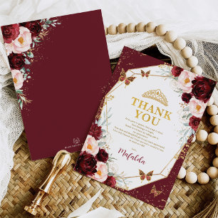 Burgundy Rose Quinceañera Butterfly Thank You Card