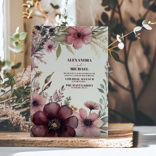 Burgundy Rose Ranunculus Wedding Invitation