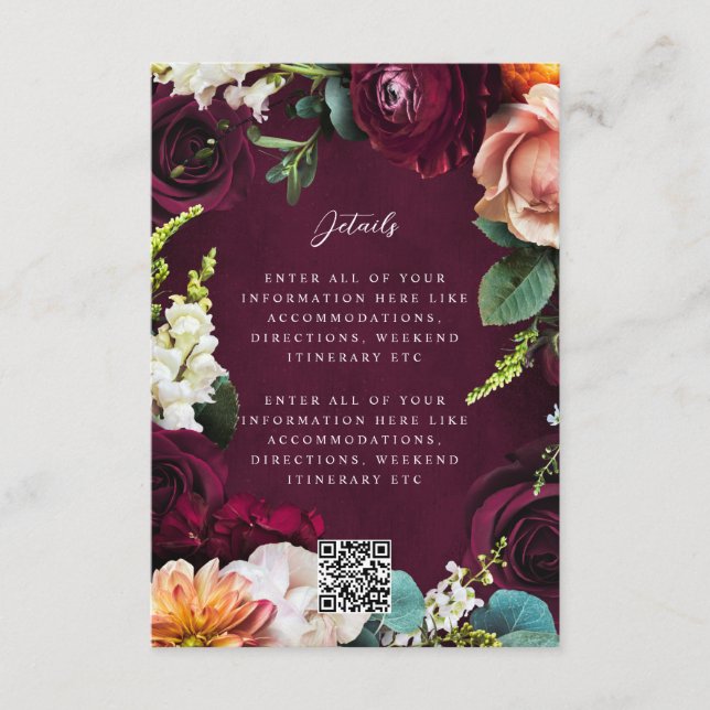Burgundy Rose Ranunculus Wedding QR Code Enclosure Card (Front)