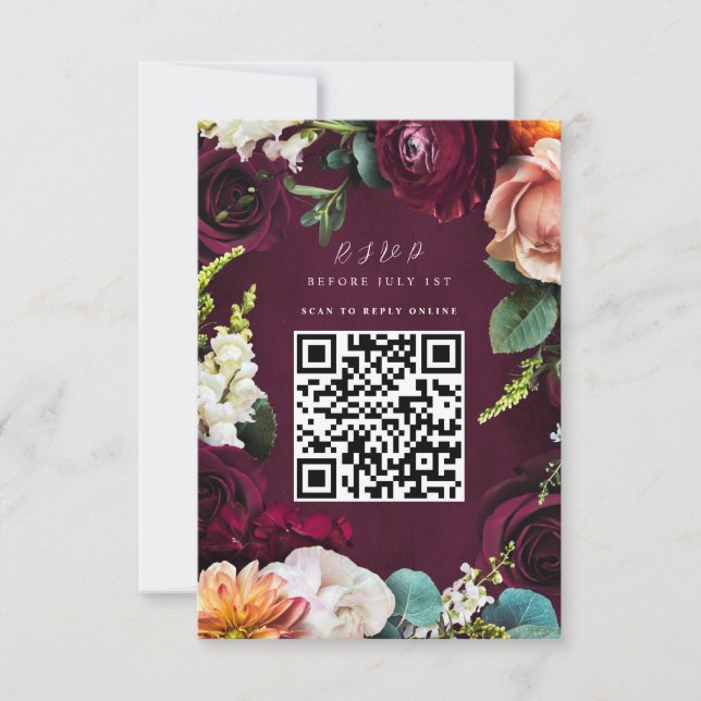 Burgundy Rose Ranunculus Wedding QR Code RSVP Card (Front)