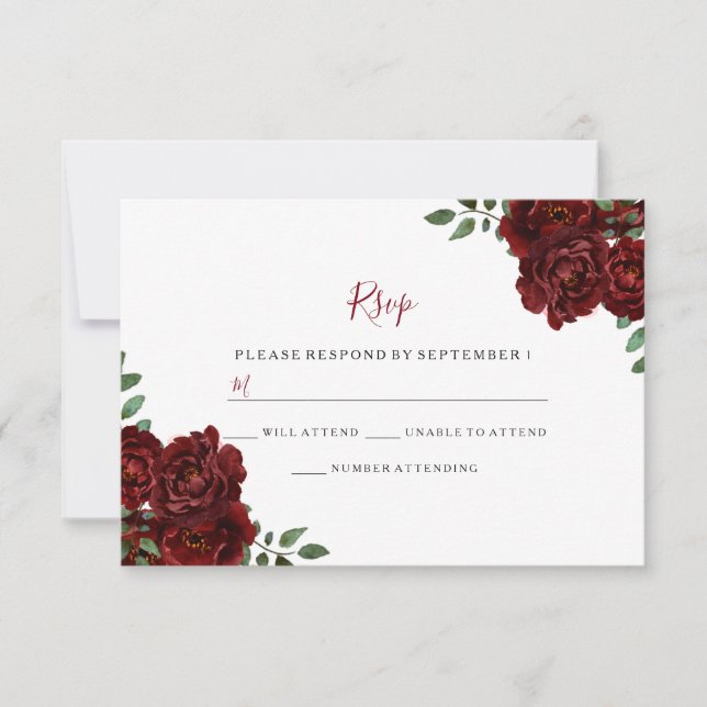 Burgundy Rose Romantic Wedding RSVP Card (Front)