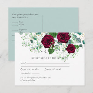 Burgundy Rose Sage Eucalyptus Wedding RSVP Postcard