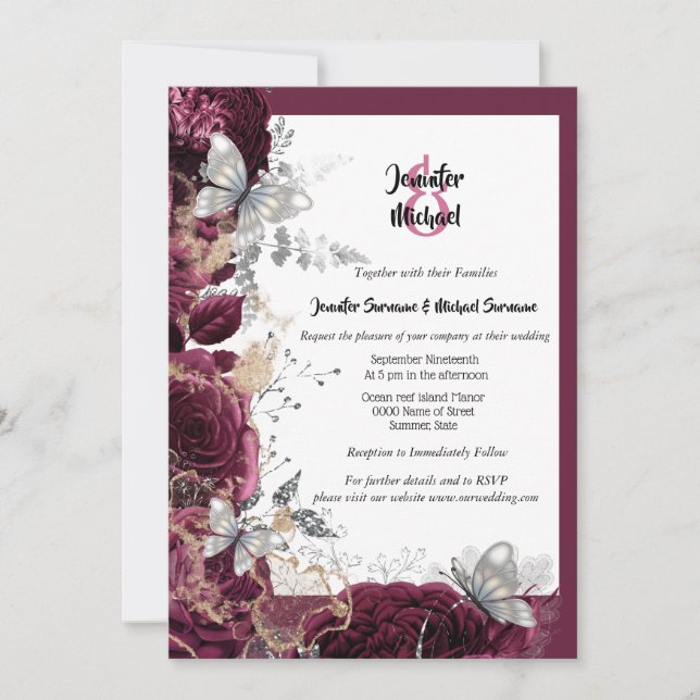 Burgundy rose silver butterfly gold splash wedding invitation (Front)