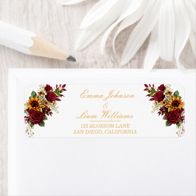 Burgundy Rose & Sunflower Address Return Address Label (Insitu)