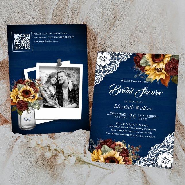 Burgundy Rose Sunflower Navy QR Code Bridal Shower Invitation (Creator Uploaded)