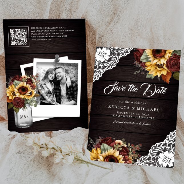Burgundy Rose Sunflower Wood QR Code Wedding Photo Save The Date (Creator Uploaded)