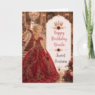 Burgundy Rose Sweet 16 Princess Gold Crown Card