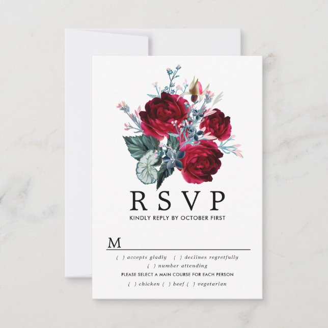 Burgundy Rose Wedding RSVP Card, Meal Options Card (Front)