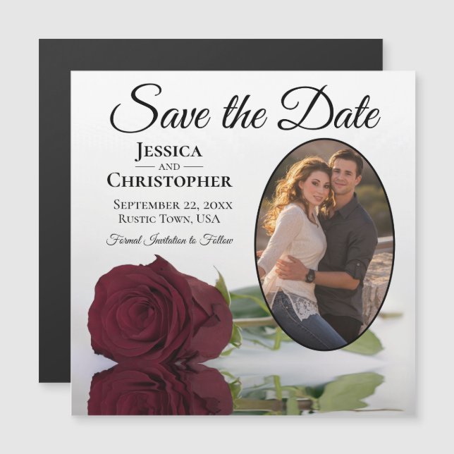 Burgundy Rose Wedding Save The Date Photo Magnet (Front/Back)