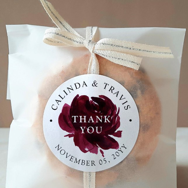 Burgundy Rose | Wedding | Thank You Classic Round Sticker (Creator Uploaded)