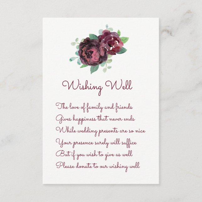 Burgundy Rose Wedding Wishing Well Cards (Front)