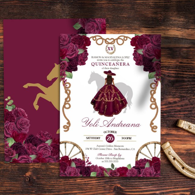 Burgundy Rose Western Quinceañera Invitation (Creator Uploaded)
